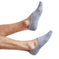 solid grey no show socks on legs coming in from the left of the screen