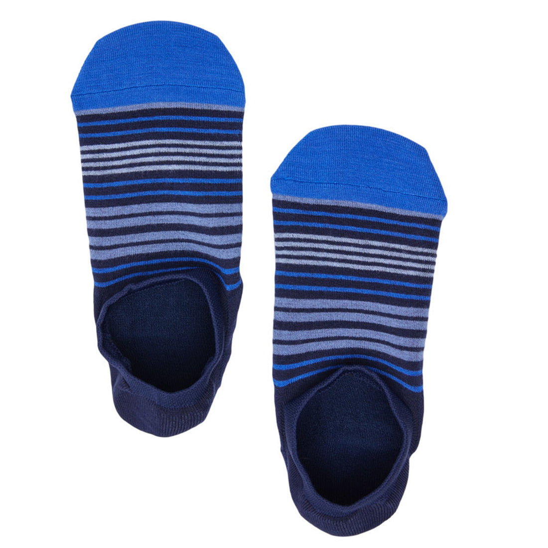 The kline blue stripe no show socks from over the top perspective.