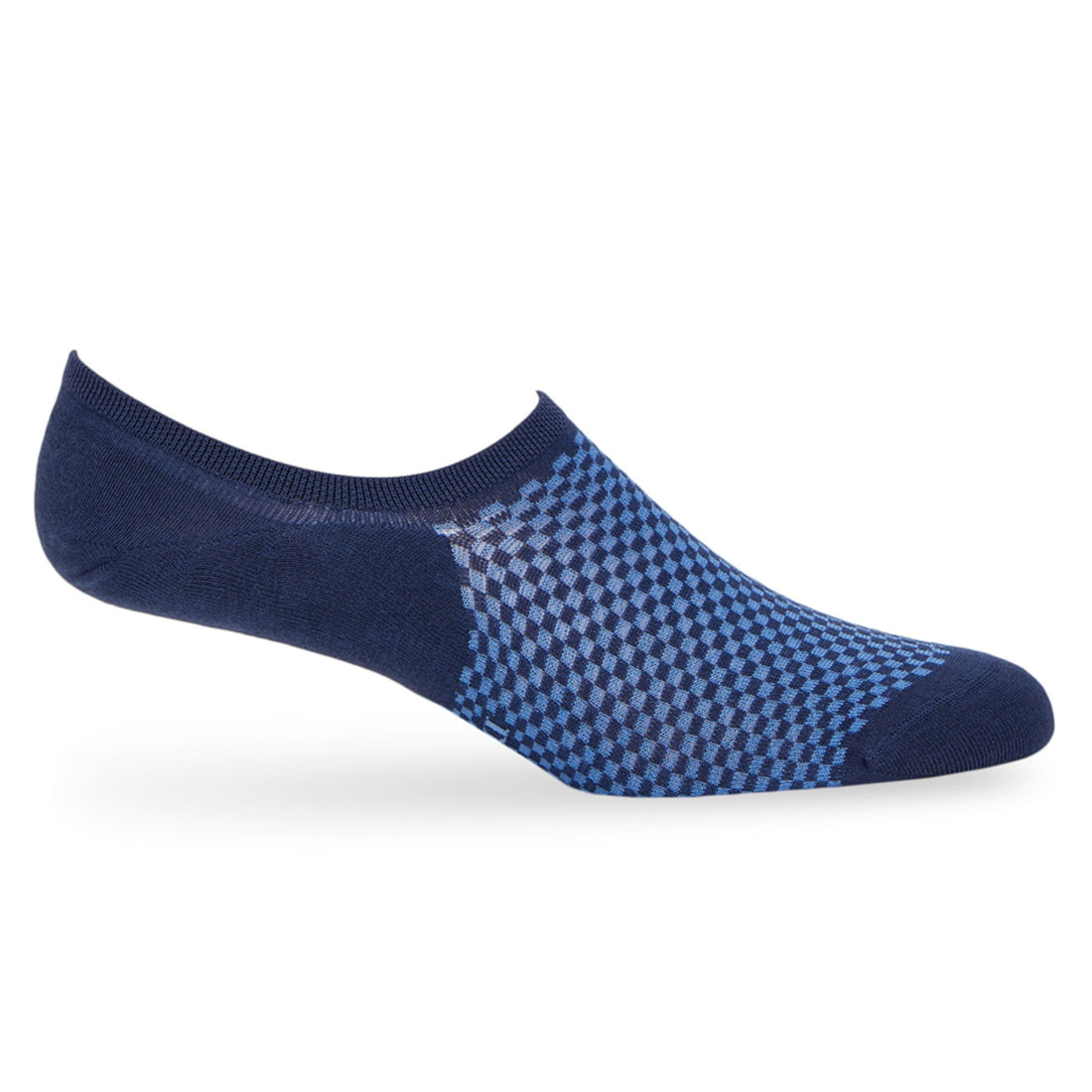 No-show socks in navy with a blue checkered pattern, designed for a secure and invisible fit in any footwear