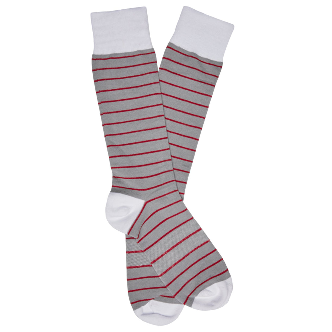 Lay flat dress socks in grey with red stripes and white for the the, heel, and hem