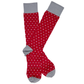 Lay flat dress socks in red with grey and white polka dots with grey for the toe, heel, and hem.