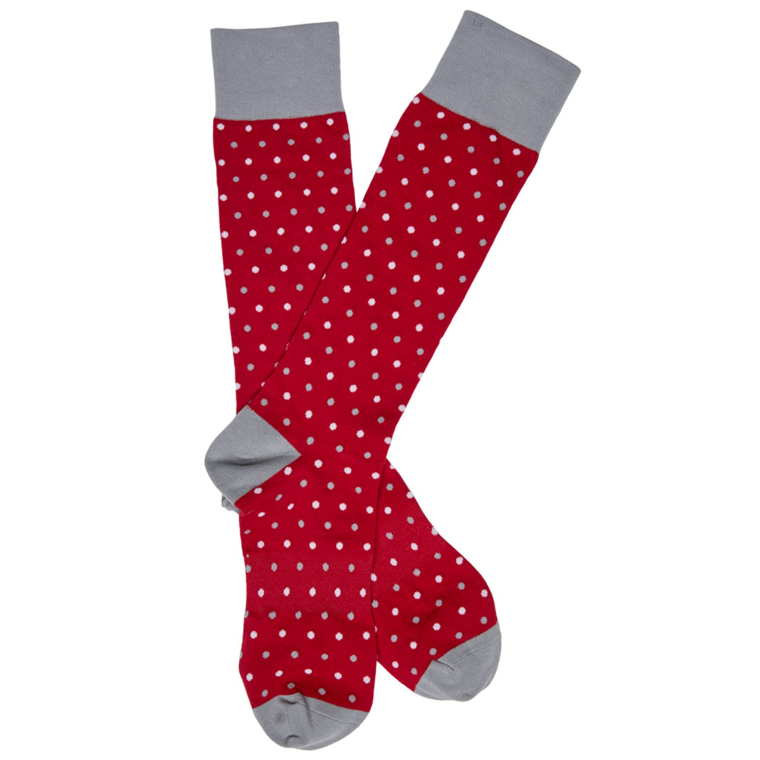 Lay flat dress socks in red with grey and white polka dots with grey for the toe, heel, and hem.