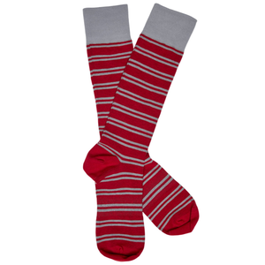 Lay flat dress socks in red with grey stripes and grey for the hem.