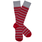 Lay flat dress socks in red with grey stripes and grey for the hem.