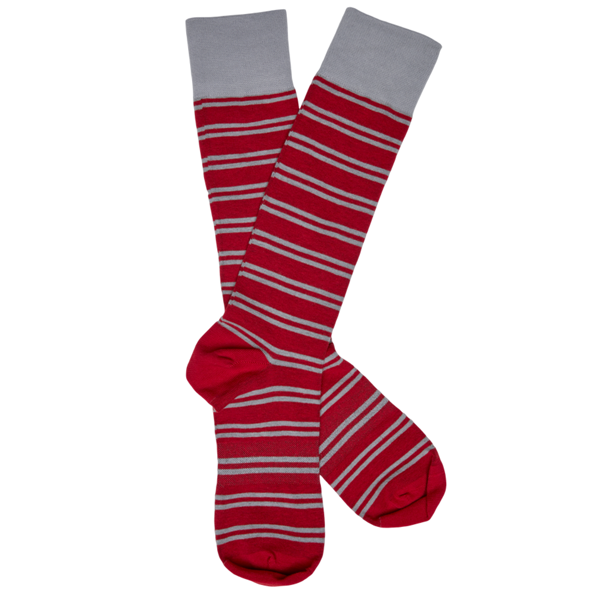 Lay flat dress socks in red with grey stripes and grey for the hem.