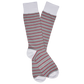 Lay flat dress socks in grey with red stripes and white for the the, heel, and hem