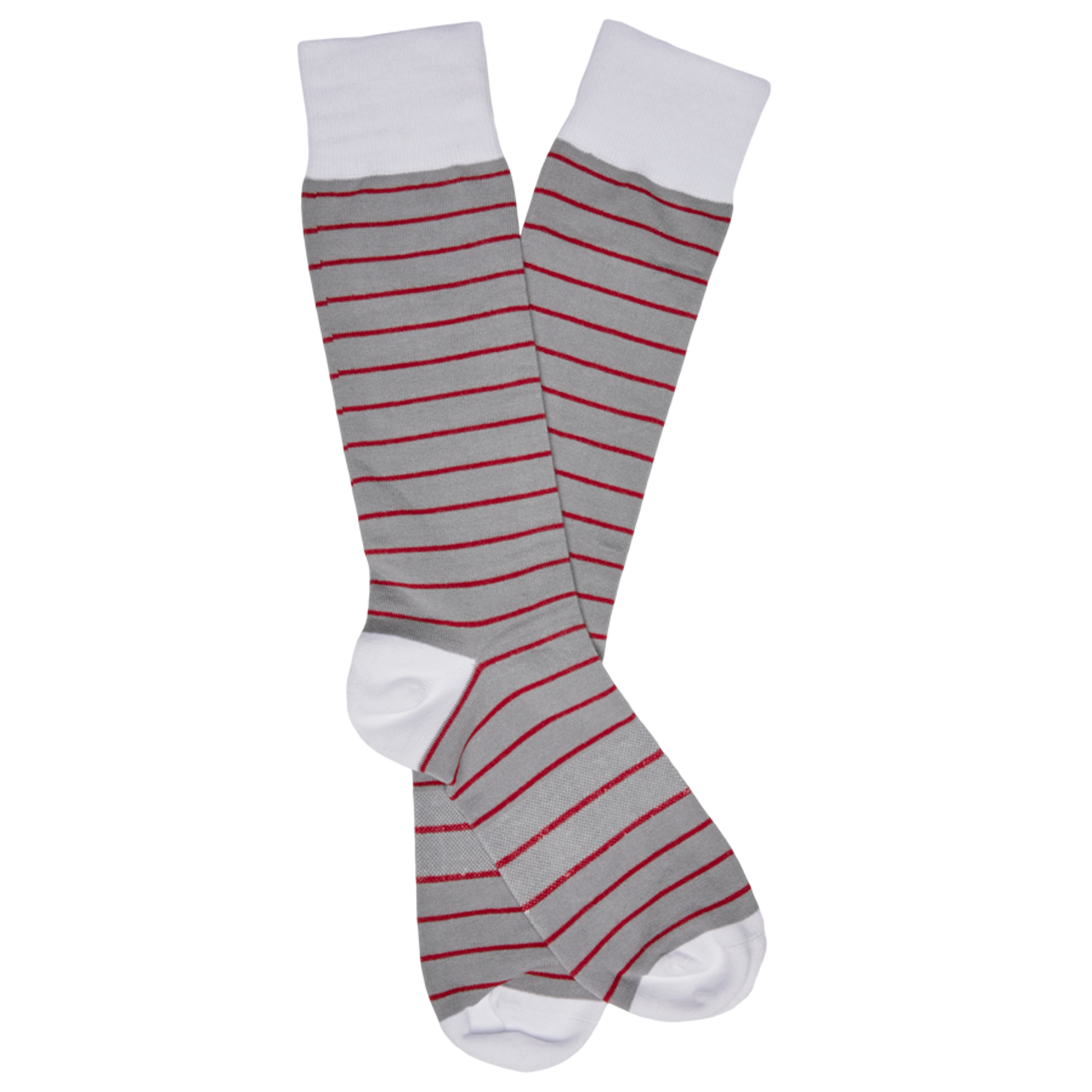 Lay flat dress socks in grey with red stripes and white for the the, heel, and hem