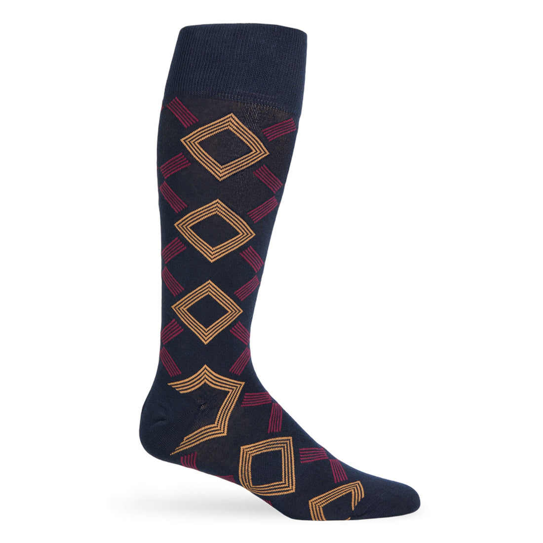 Navy dress socks with yellow and red geometric design