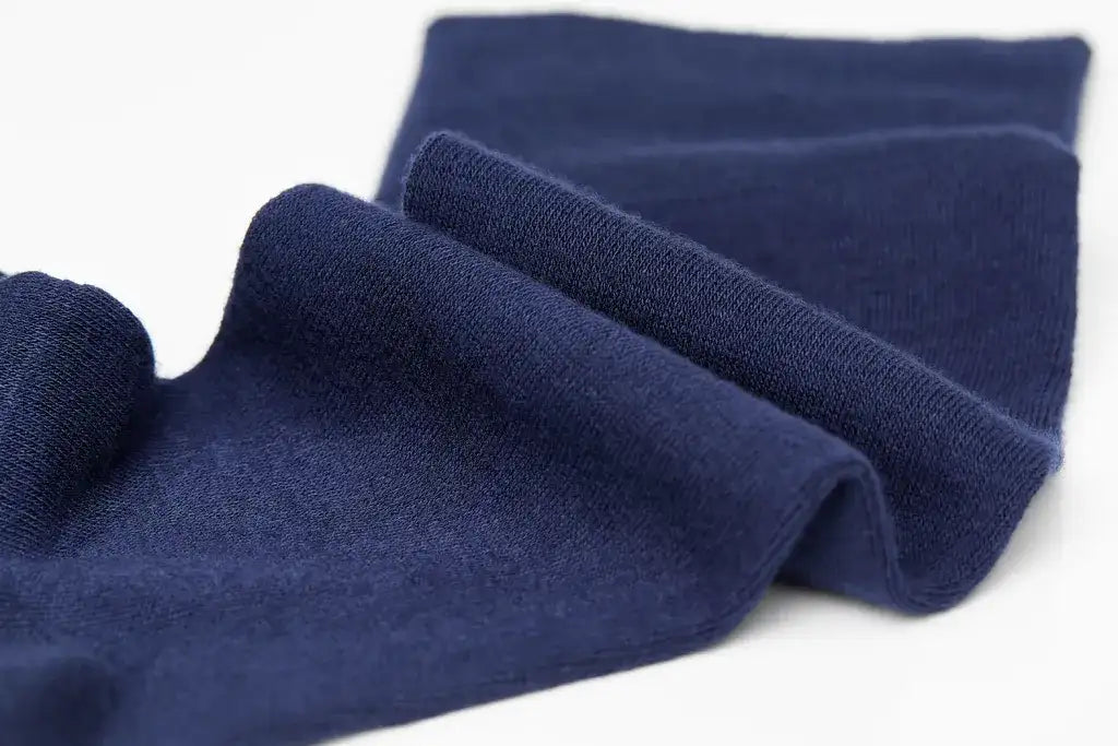 Deep navy blue knit socks with a soft, ribbed texture.
