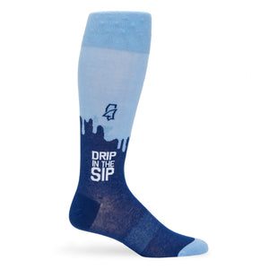 Ole Miss inspired 'Drip in the Sip' dress socks in powder blue and navy, embodying school pride and stylish community spirit for Rebels