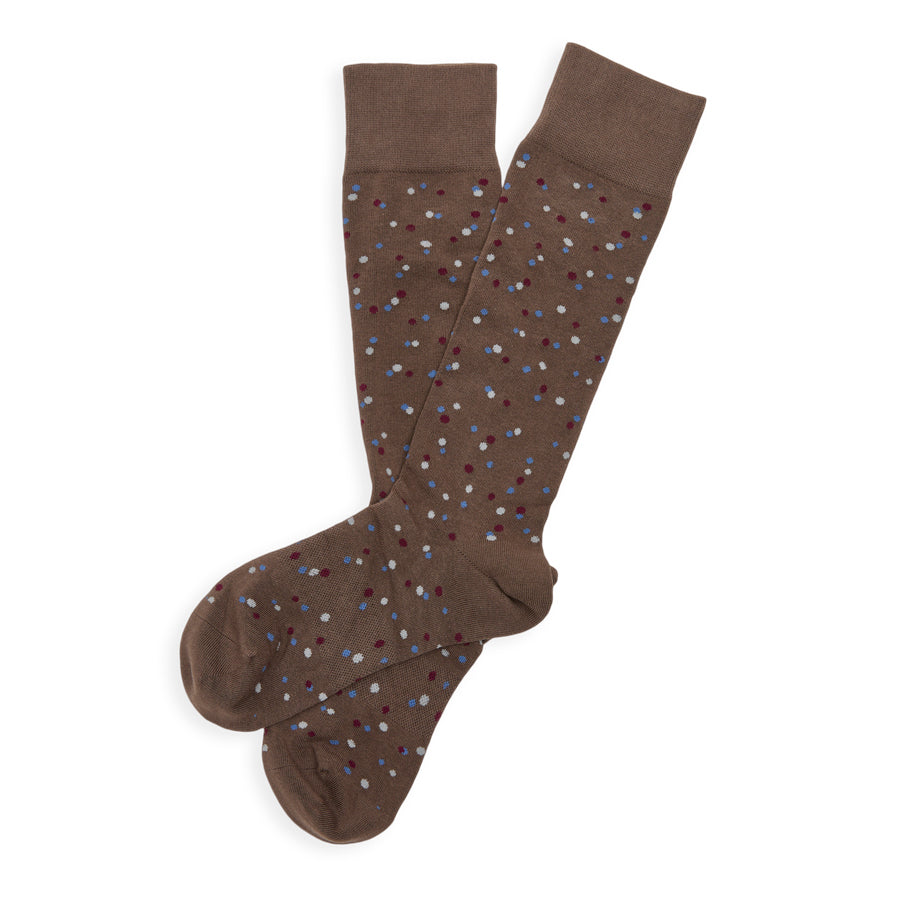 Brown dress sock laid flat showing full micro-dot pattern and construction.