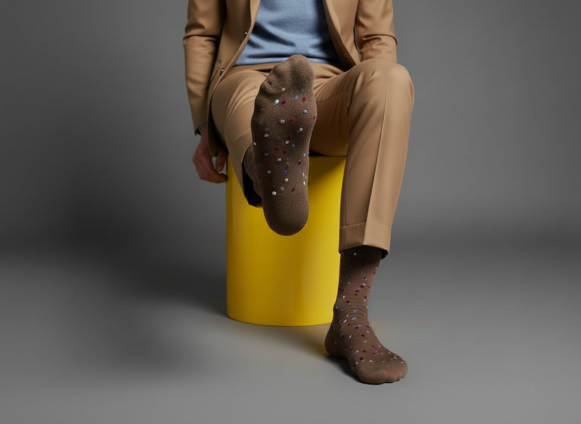 Brown Duncan dress socks worn on foot displaying micro-dot pattern in lifestyle setting.