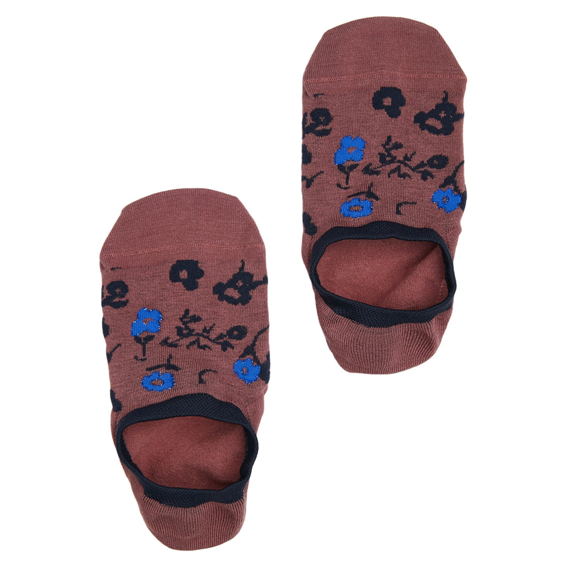 1 pair of no show socks lay flat side by side in a solid rose color with a navy and powder blue floral design and navy welt