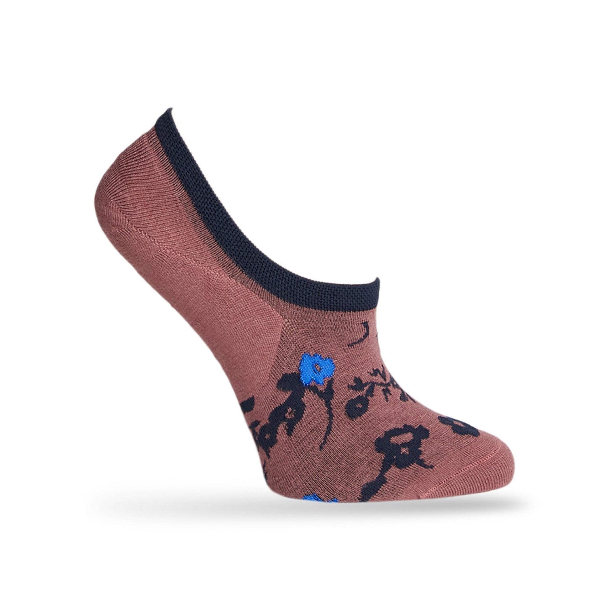 1 no show sock in a solid rose color with a floral design in navy blue and powder blue and a navy welt displayed on mannequin