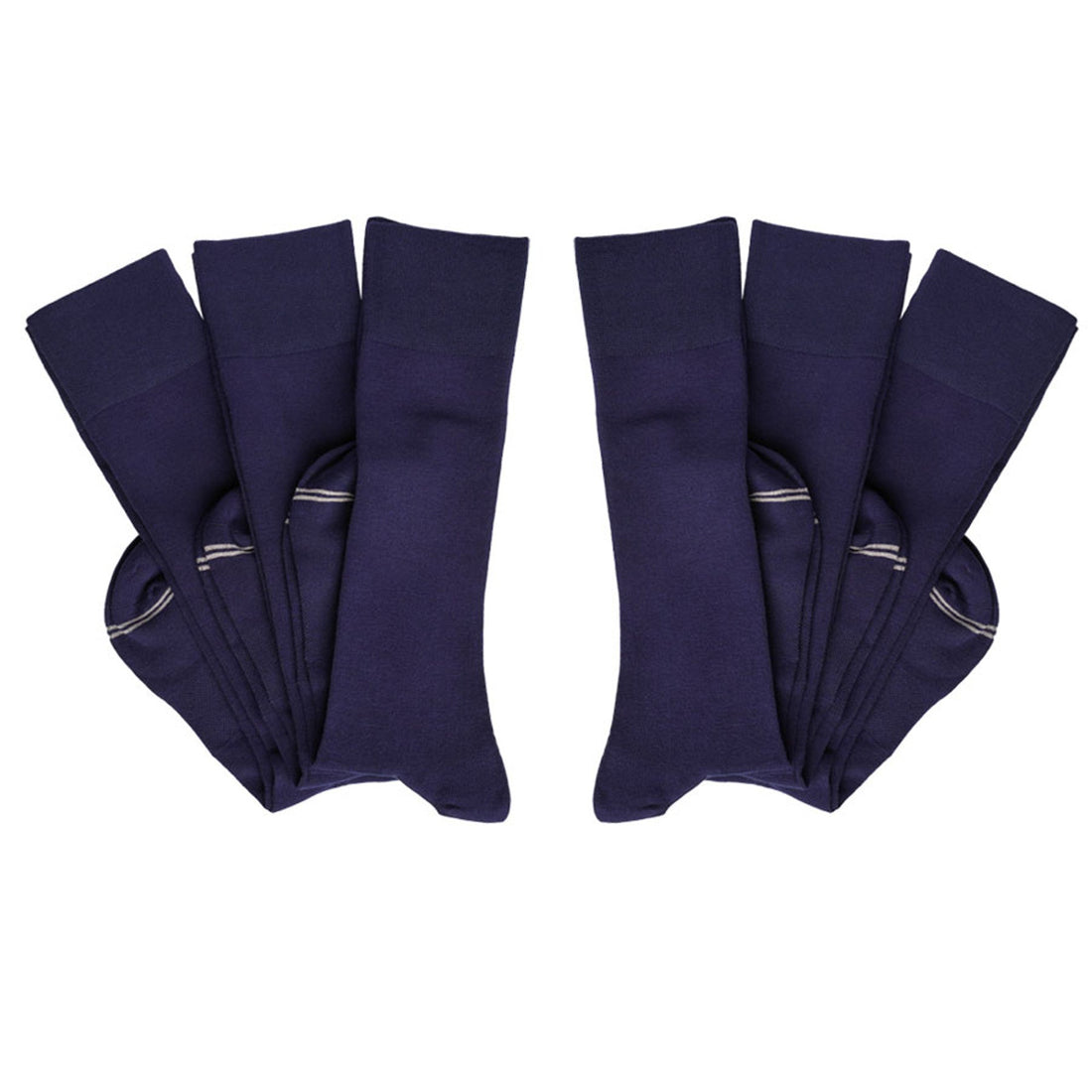 6 pairs of perfect navy boardroom socks folded at heel layered overtop one another