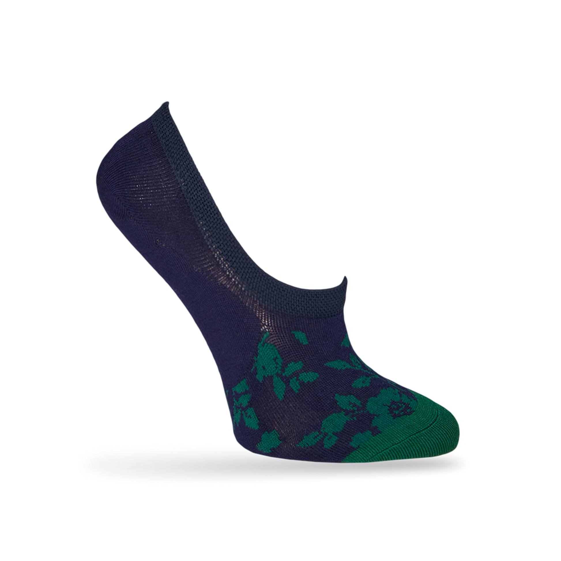 1 navy blue no show sock with a solid green toe and green leaf pattern towards the front displayed on a mannequin heel lifted