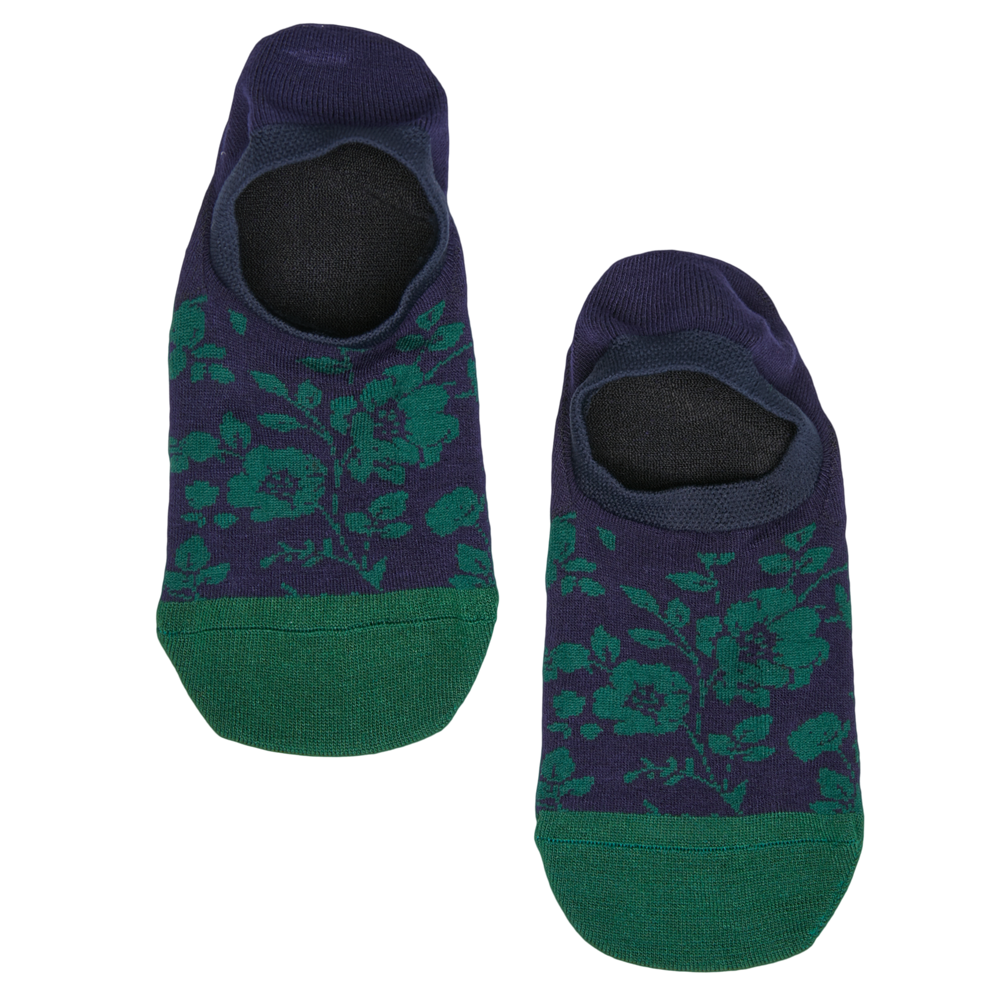 Lay flat no show sock in blue with a navy floral pattern and navy for the toe