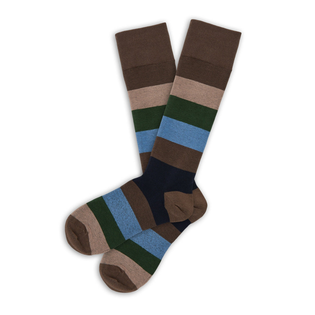 Brown, tan, green and navy striped dress socks laid flat.