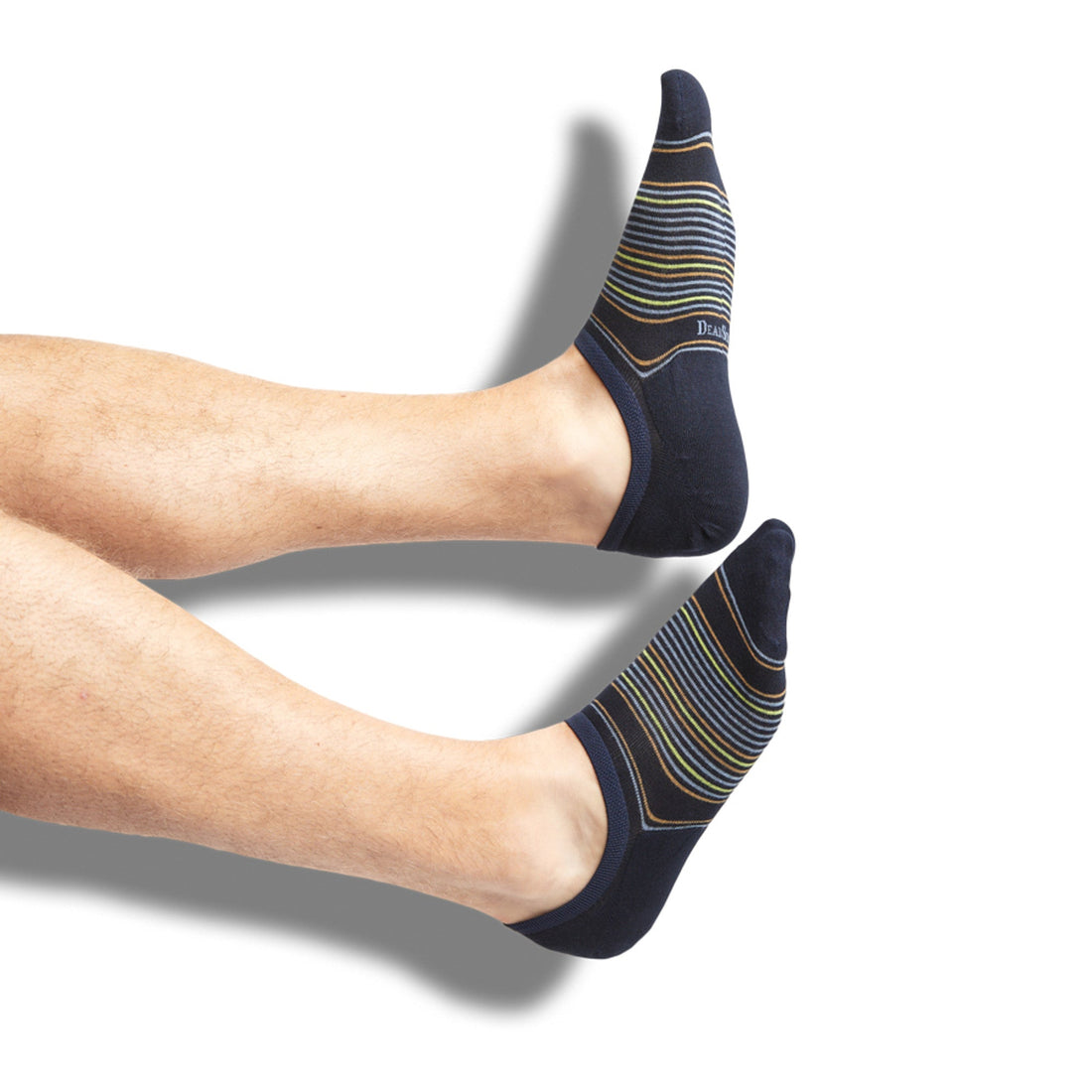 Navy no show socks with a multi color stripe design on legs