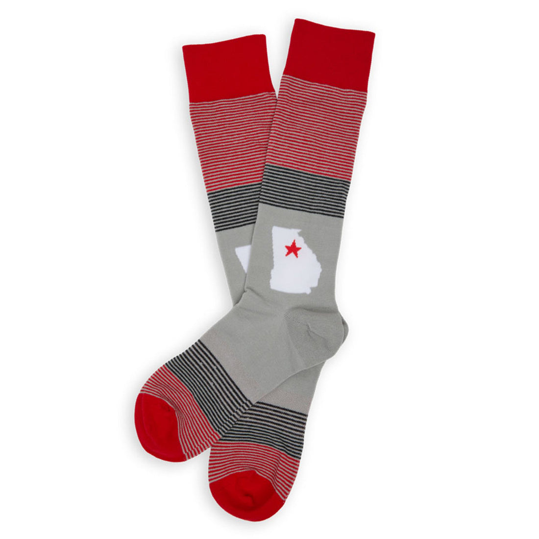 red and black stripe dress socks with state of Georgia on the ankle.