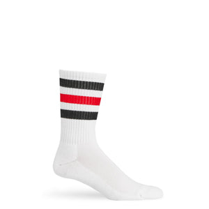 White athletic casual socks with red and black retro stripes on the calf