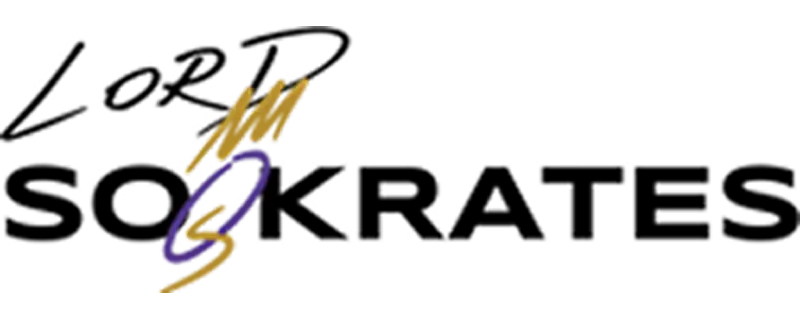 Gold and purple stylized logo with a dynamic, brushstroke design.