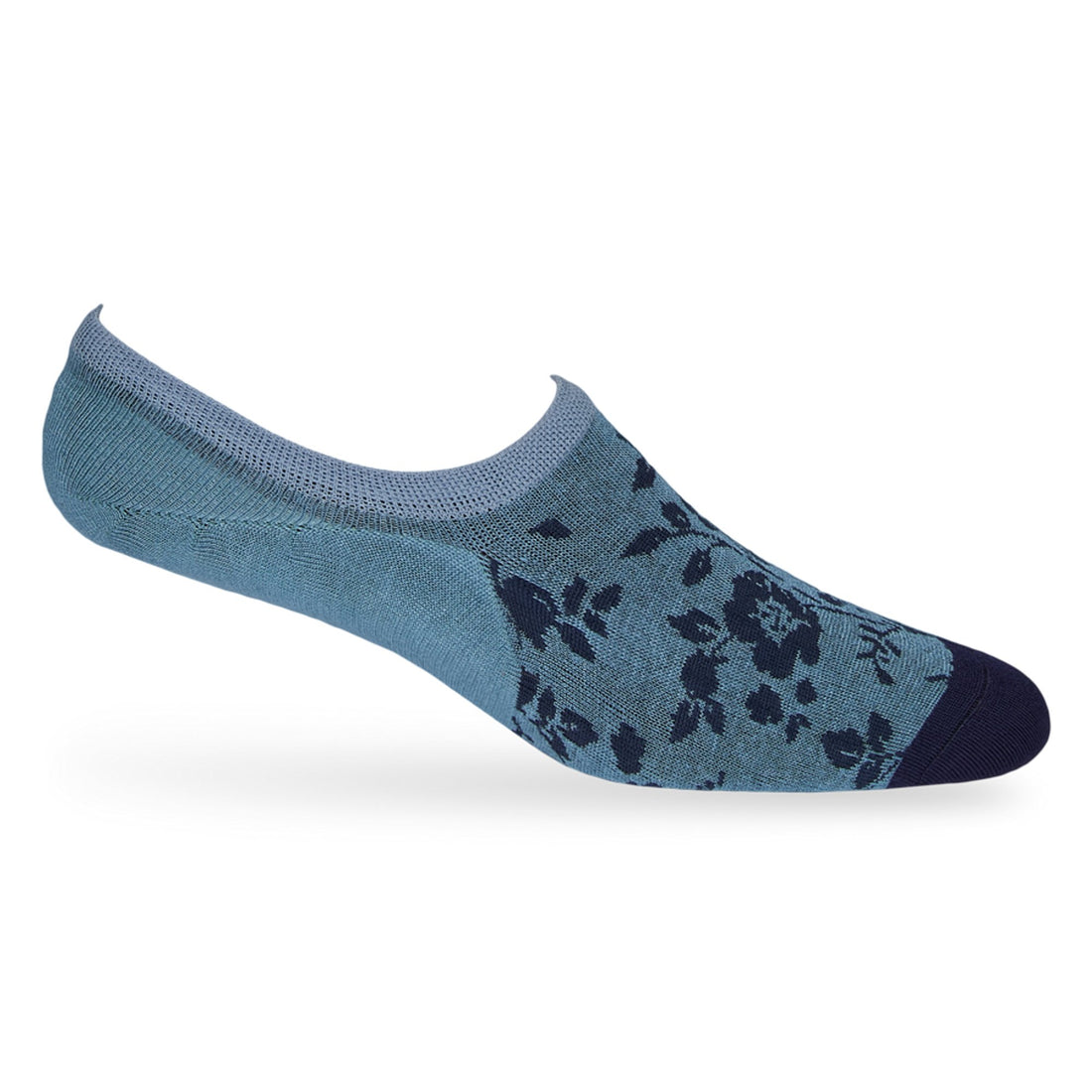 1 powder blue no show sock with a solid navy toe and navy leaf pattern towards the front displayed on a mannequin heel lifted