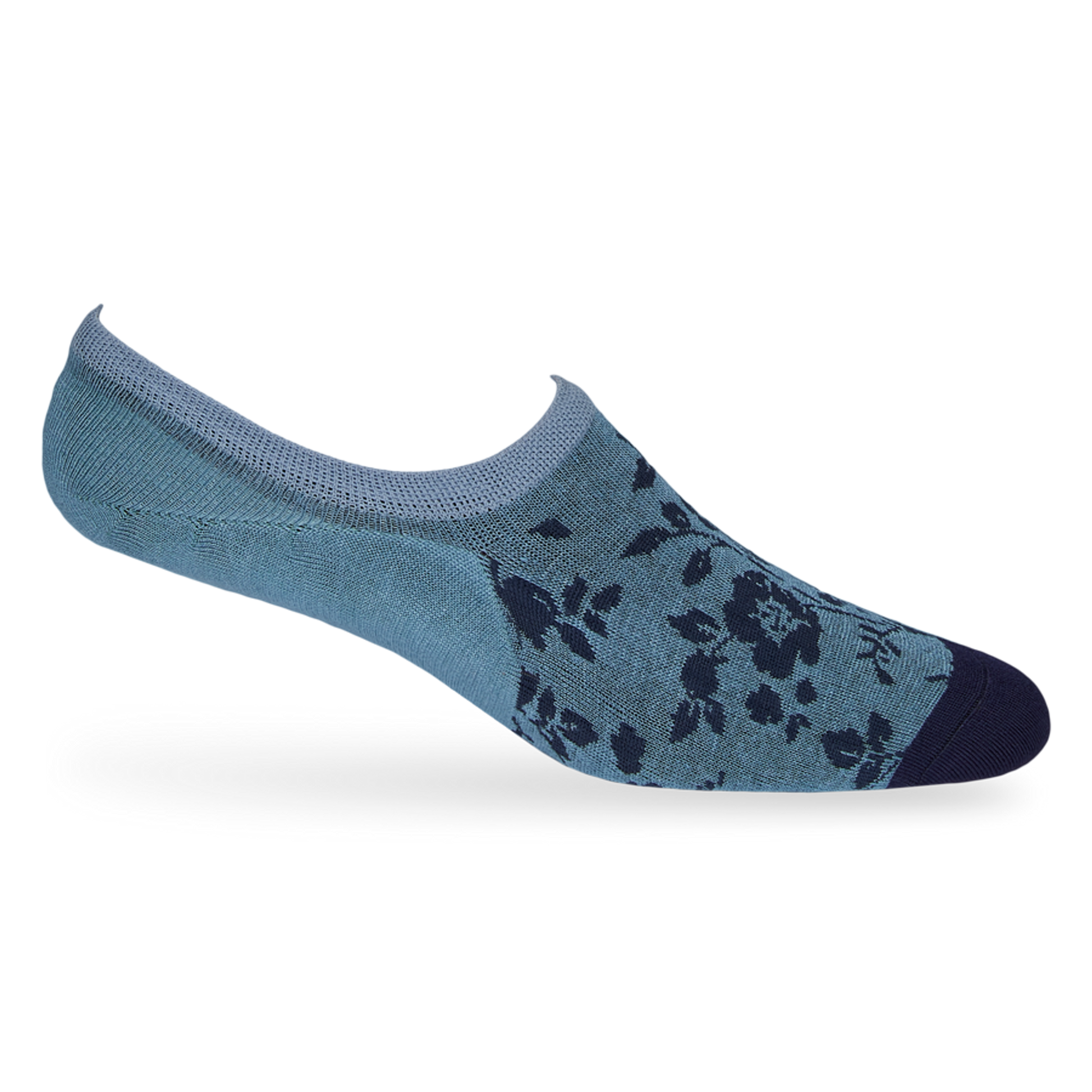 1 powder blue no show sock with a solid navy toe and navy leaf pattern towards the front displayed on a mannequin heel lifted