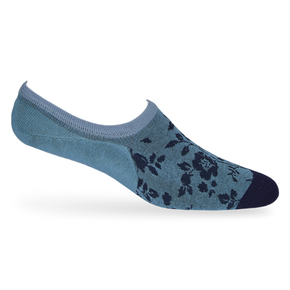 1 powder blue no show sock with a solid navy toe and navy leaf pattern towards the front displayed on a mannequin heel lifted