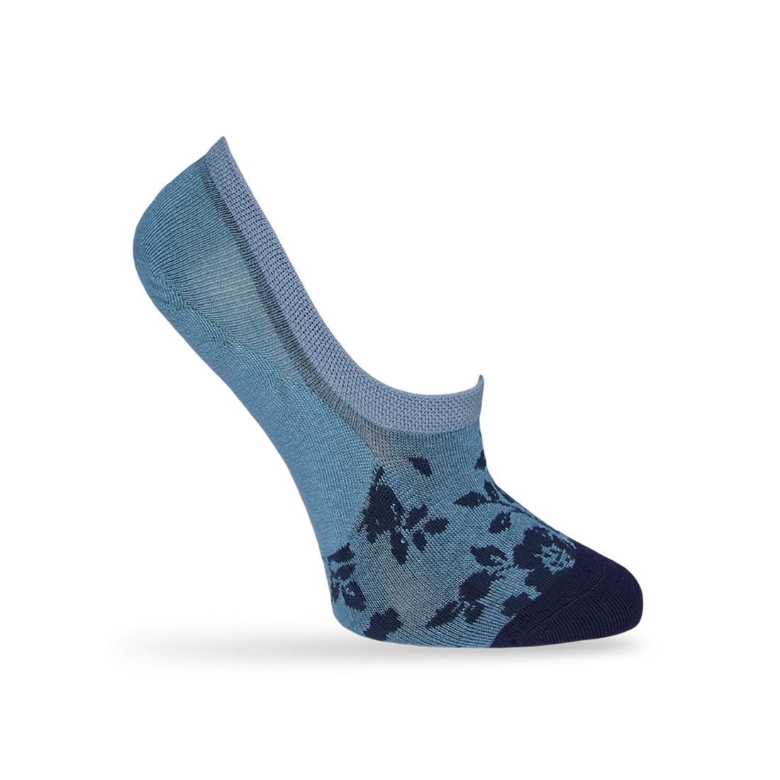 1 powder blue no show sock with a solid navy toe and navy leaf pattern towards the front displayed on a mannequin heel lifted
