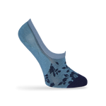 1 powder blue no show sock with a solid navy toe and navy leaf pattern towards the front displayed on a mannequin heel lifted
