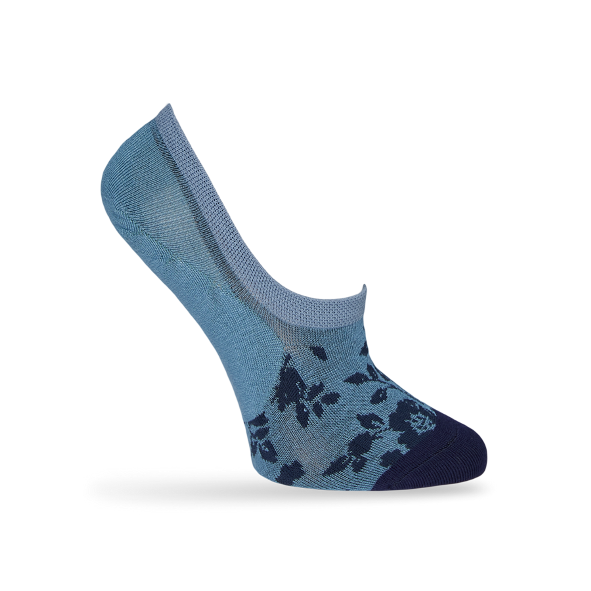 1 powder blue no show sock with a solid navy toe and navy leaf pattern towards the front displayed on a mannequin heel lifted