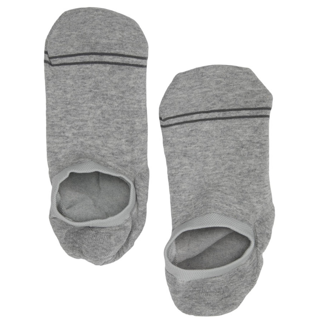 A solid grey cotton no show sock with two accent stripes on the toe