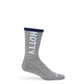 Gray sock with 'HOTTY TODDY' text on a white background