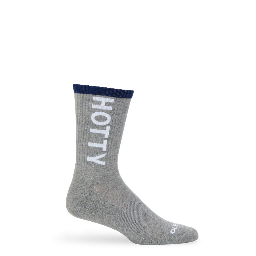 Gray sock with 'HOTTY TODDY' text on a white background