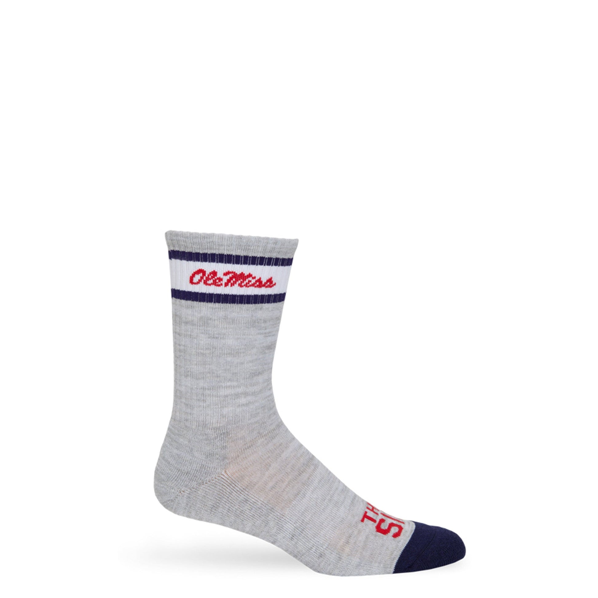 Grey casual crew socks with Ole Miss script on the leg and two retro stripes shown on mannequin.