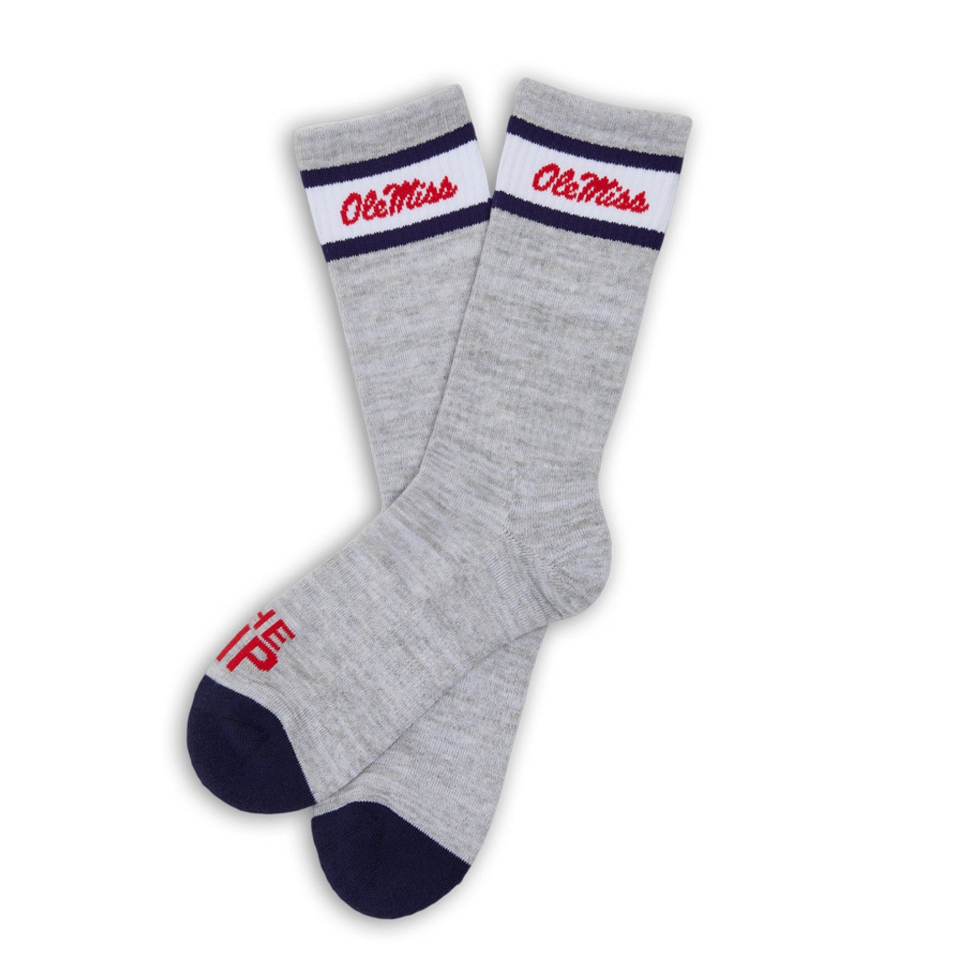 Grey casual crew socks with Ole Miss script on the leg and two retro stripes shown laid flat.