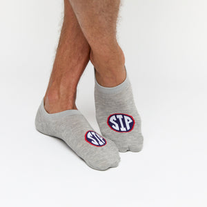 Grey no show liner socks with SIP on the top of the foot for Ole Miss socks.