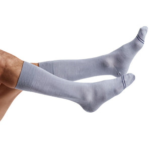 Premium grey dress socks on male leg model