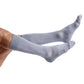 1 grey dress sock with 2 navy accent stripes around the toe shown on legs coming into the image from the left