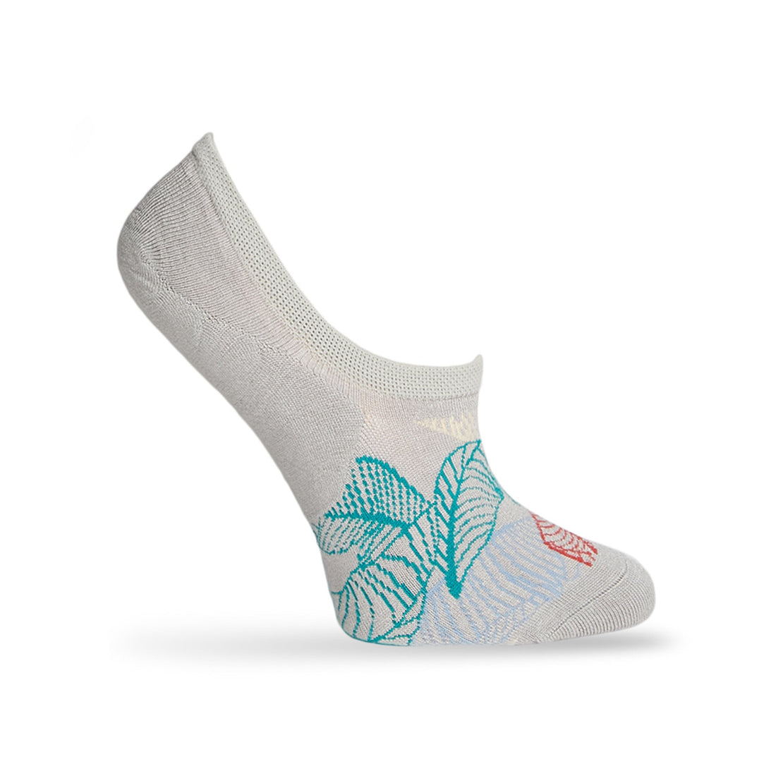 1 no show sock in solid grey with a multi color leaf pattern in orange white green and blue displayed on a mannequin
