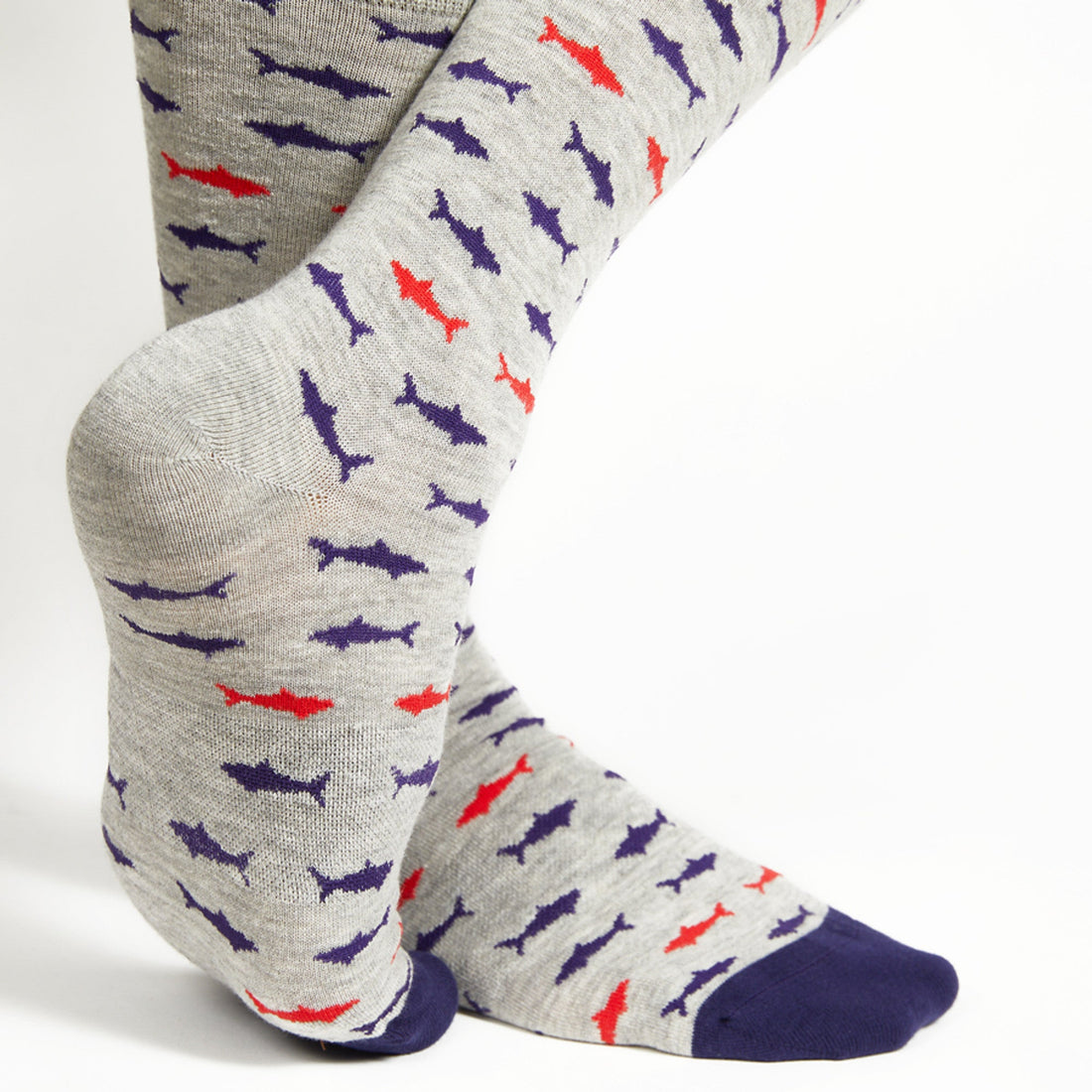 Heather grey dress socks with sharks in red and navy blue
