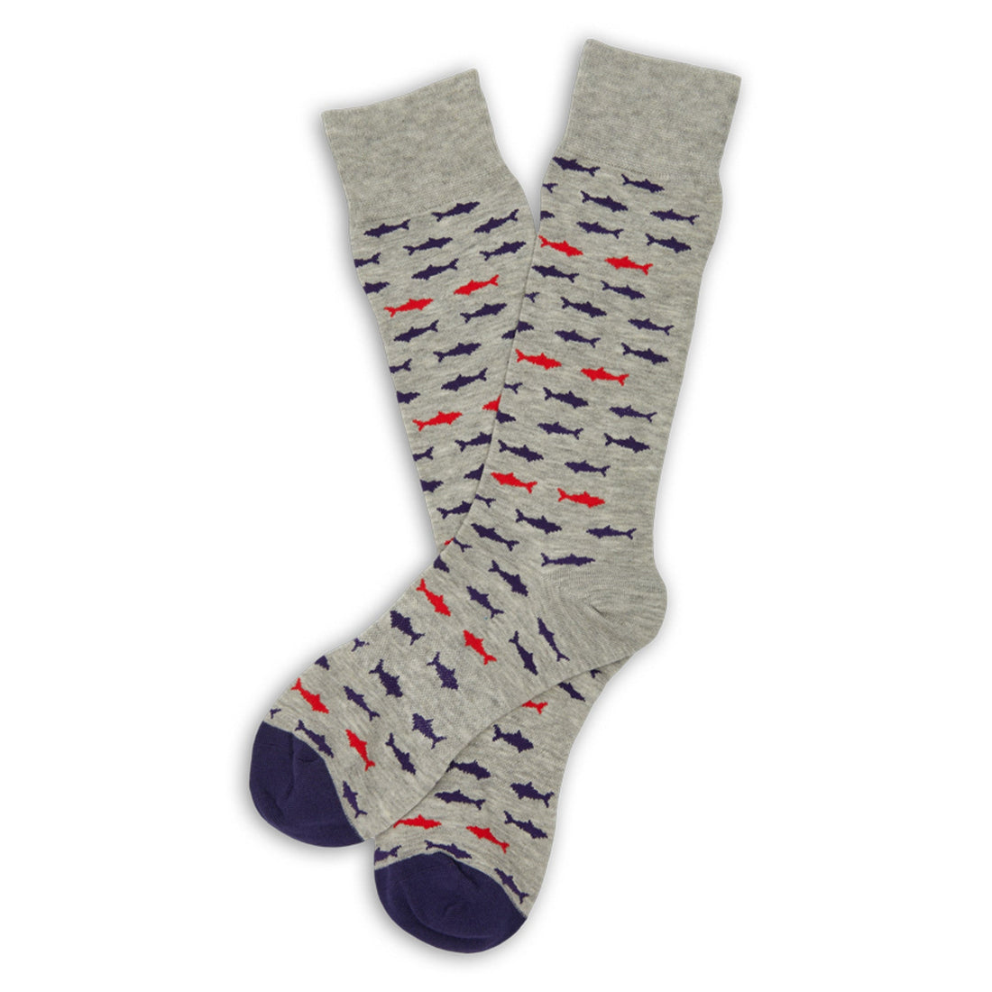 Heather grey dress socks with sharks in red and navy blue laid flat