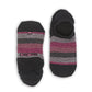 Black no show socks with pink and grey mini stripes laid out flat