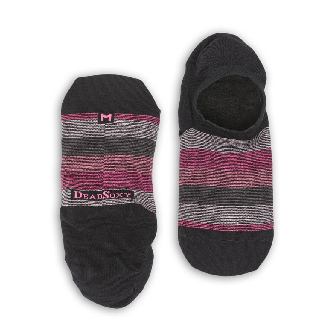 Black no show socks with pink and grey mini stripes laid out flat