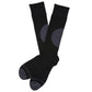 1 pair black dress socks with a large circle on the calf and 2 charcoal accent stripes around the toe laid out flat