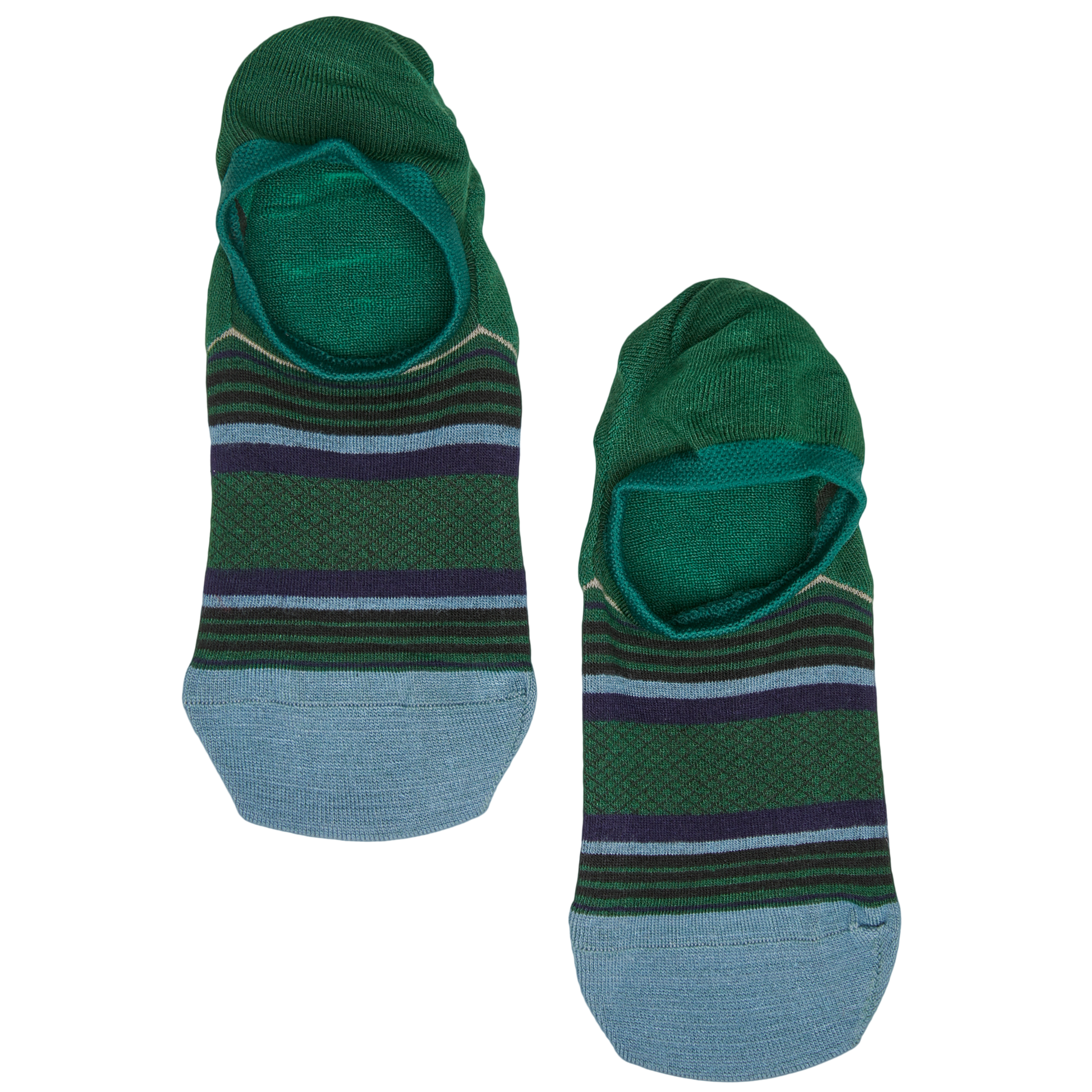 Lay flat no show sock in green with navy blue, powder blue, and black stripes with a black webbed pattern across the middle of the sock and powder blue for the toe