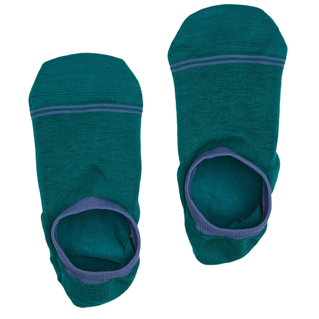 1 pair of no show socks lay flat side by side in solid teal with a steel blue welt and double horizontal stripe over the toe