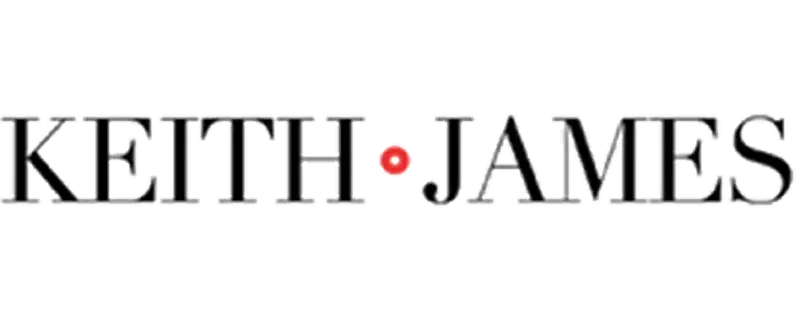 Keith james logo with silver-styled lettering and a red dot between the words.