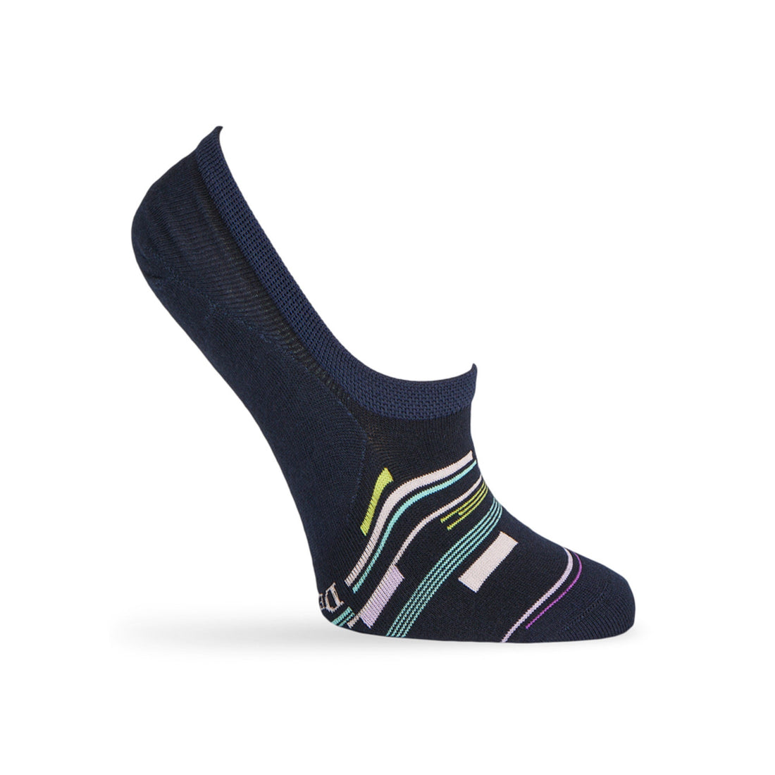 Navy no show liner socks with pink and purple stripes and patchwork designs for women
